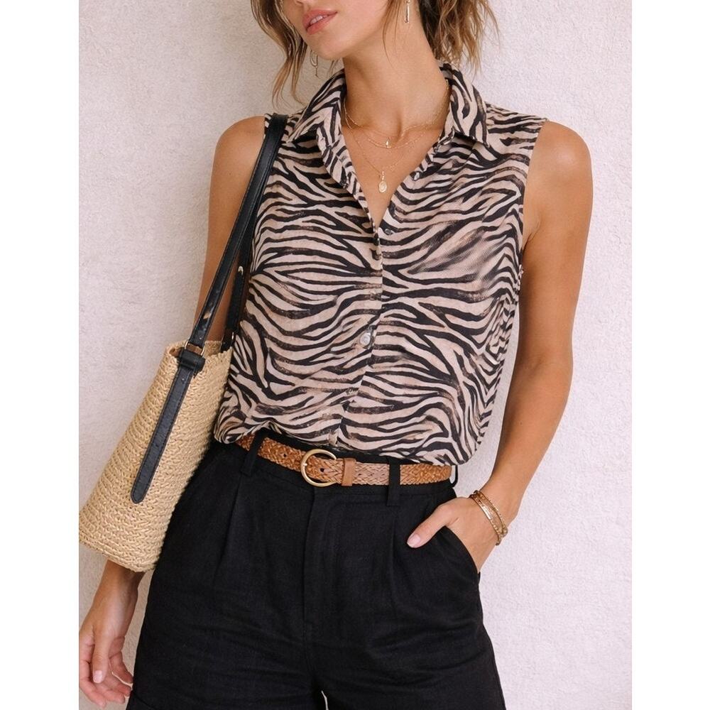 Joie Linen Zebra Print Sleeveless Button Down Top Large Safari Resort Vacation